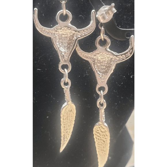 SouthWestern Pewter & Turquoise Blue Mosaic Inlay Chips Sm. Skull Head W/Upturne - Picture 2 of 3